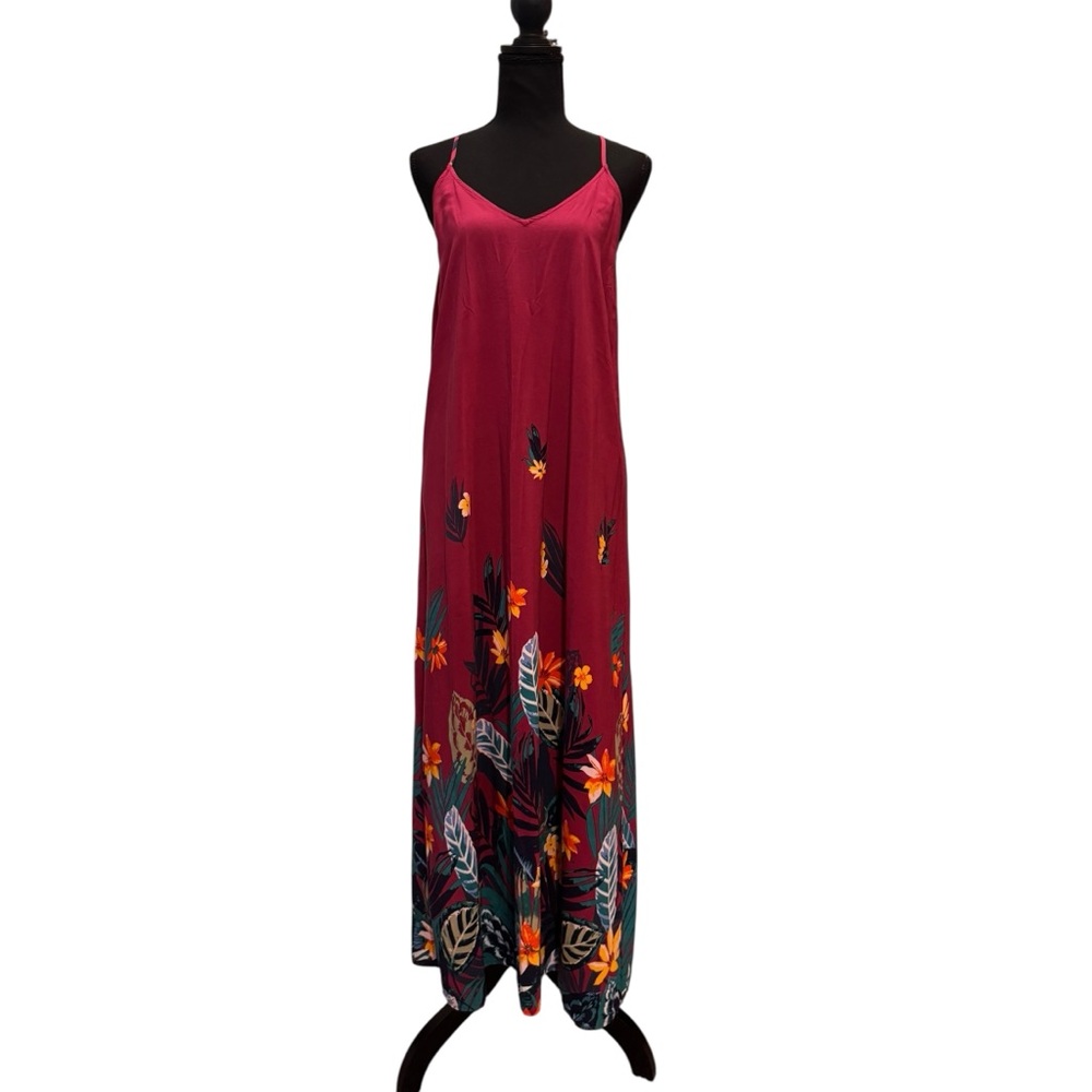 Old Navy fuchsia tropical flower rayon maxi dress adjustable straps size L